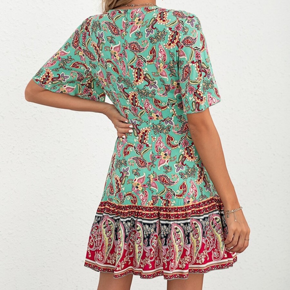 Boho White Floral Paisley Print Butterfly Sleeve Mini Dress - Picture 7 of 11